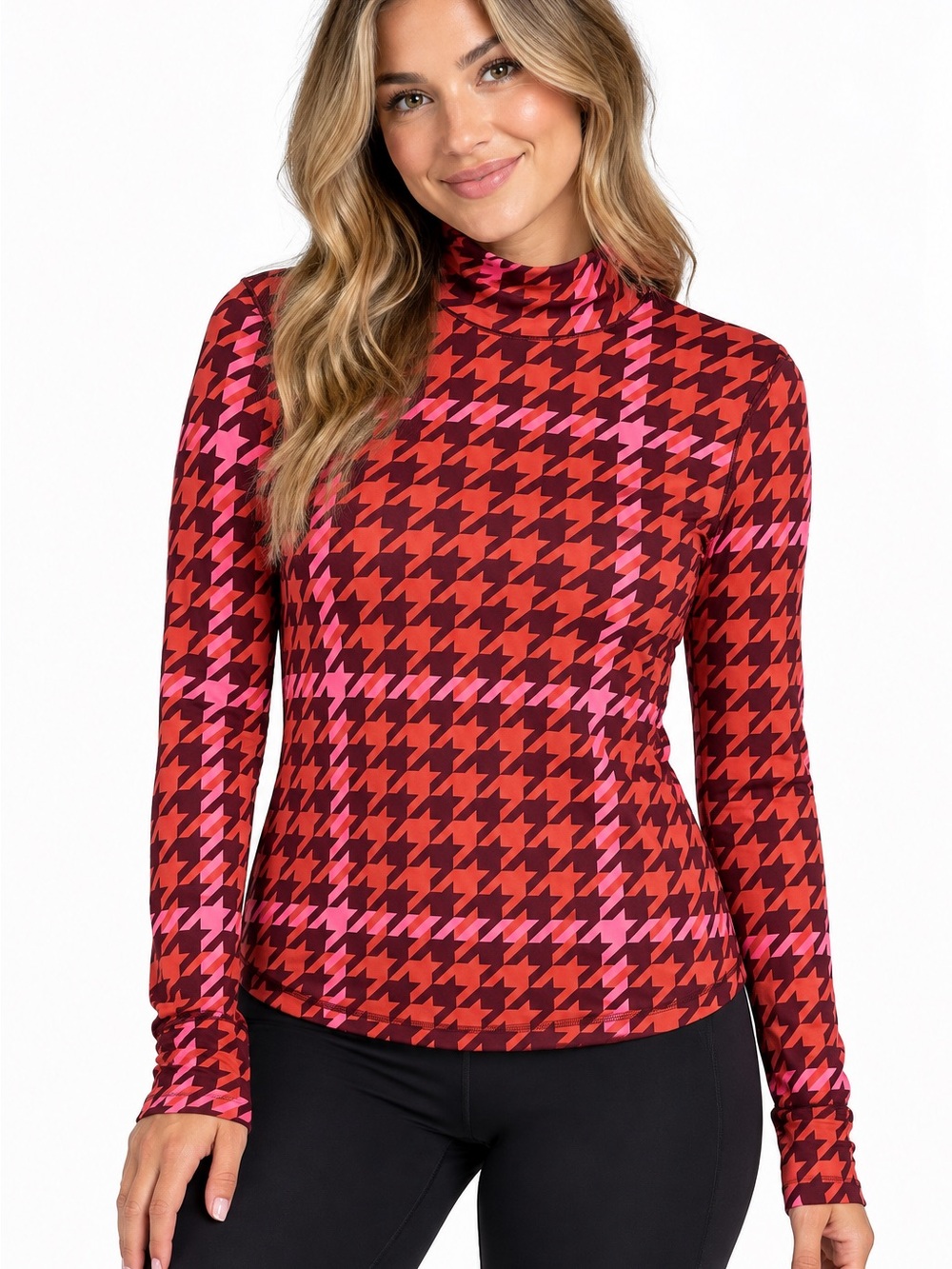 aerie Red & Pink Houndstooth Mock Neck Long Sleeve Top